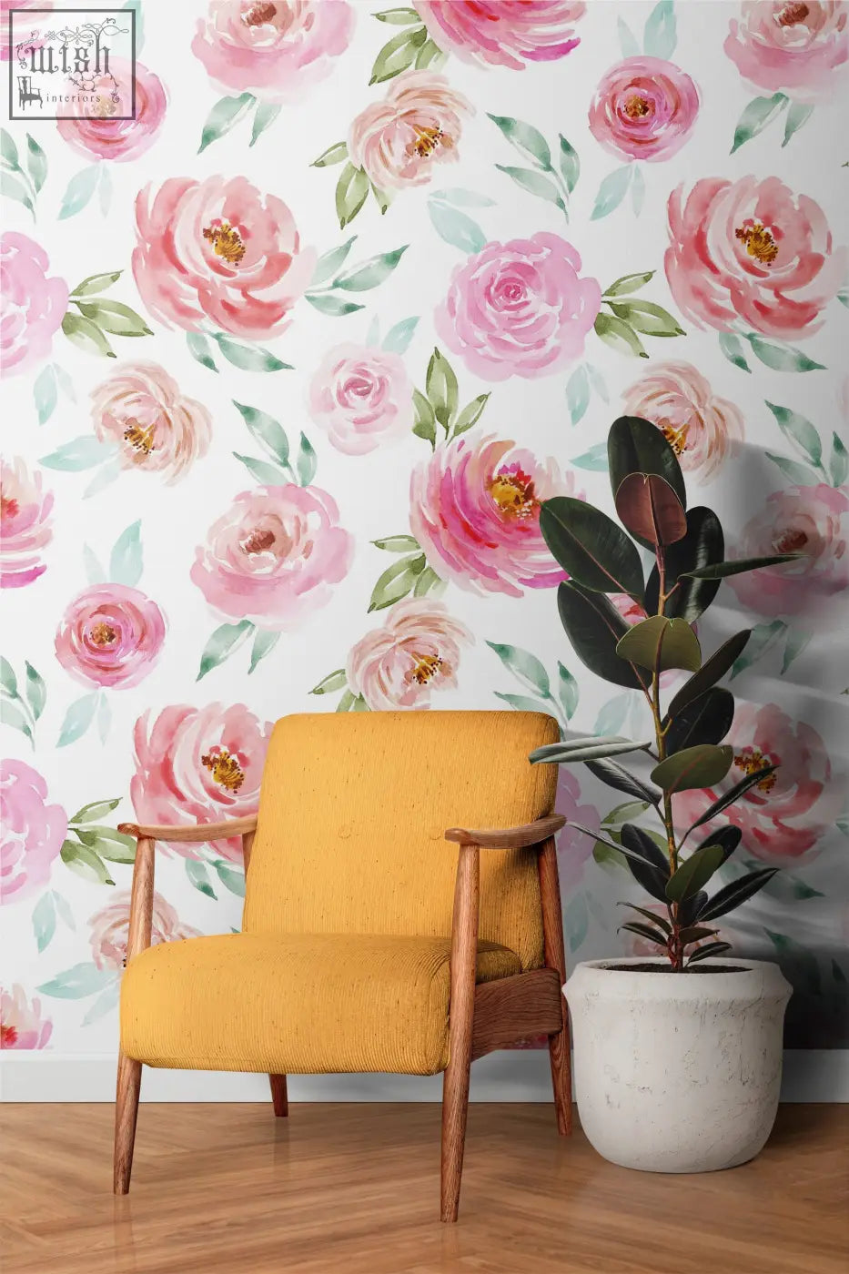 Yellow upholstered armchair with wooden frame next to soft pink roses floral wallpaper peel and stick for living space