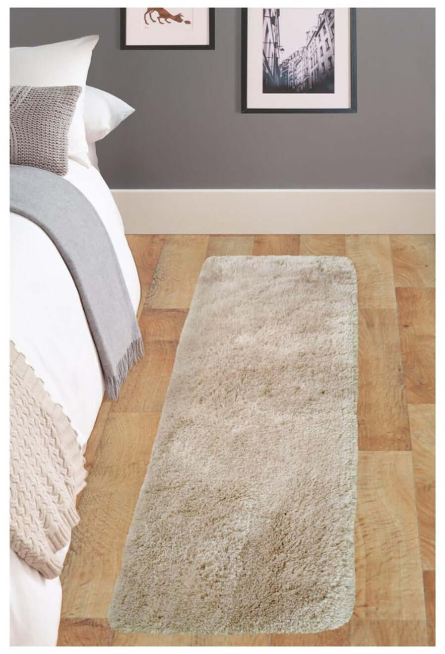 Beige shaggy rug with soft washable beige plush texture and rounded edges perfect for cozy spaces