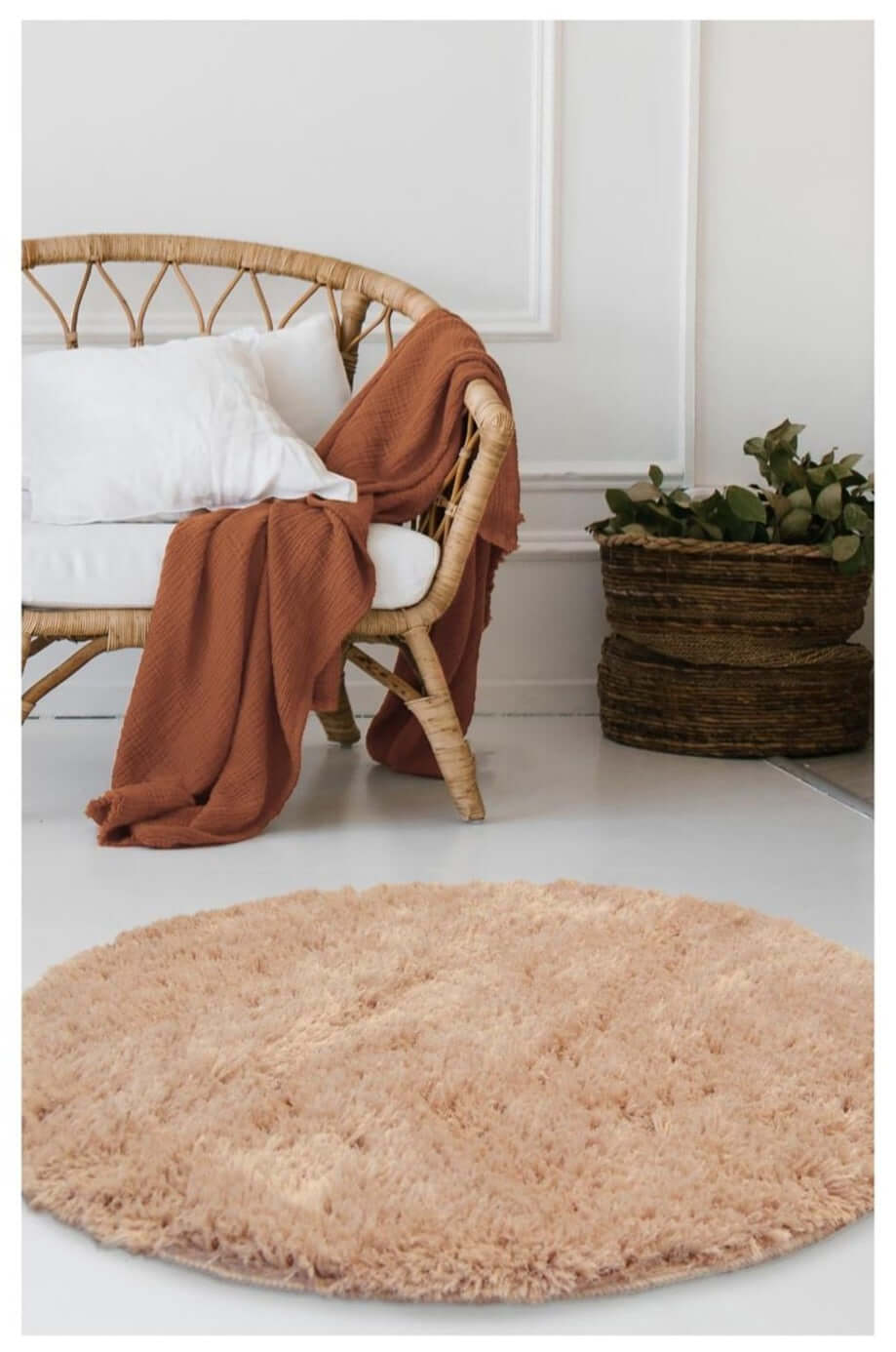 Soft washable beige shaggy rug with a round shape perfect for cozy living spaces and easy cleaning