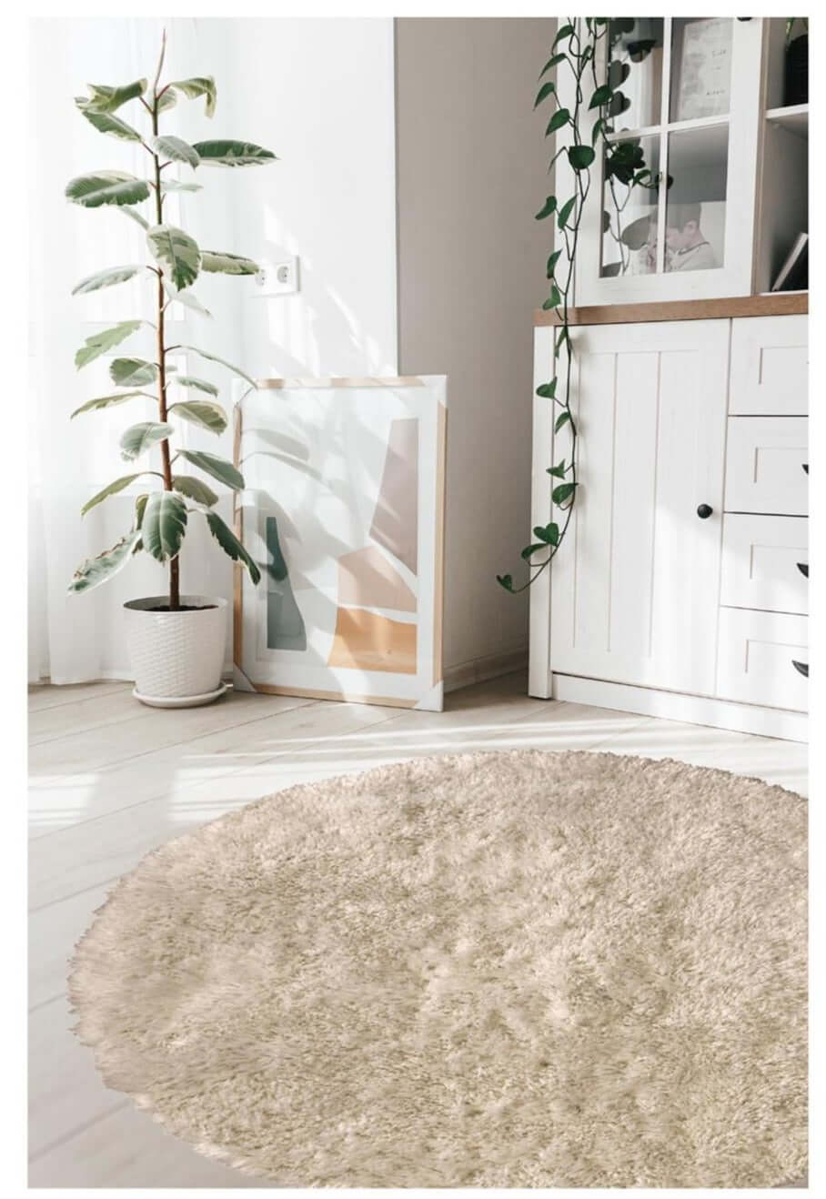 Soft washable beige shaggy rug with fluffy texture perfect for cozy home decor and easy cleaning