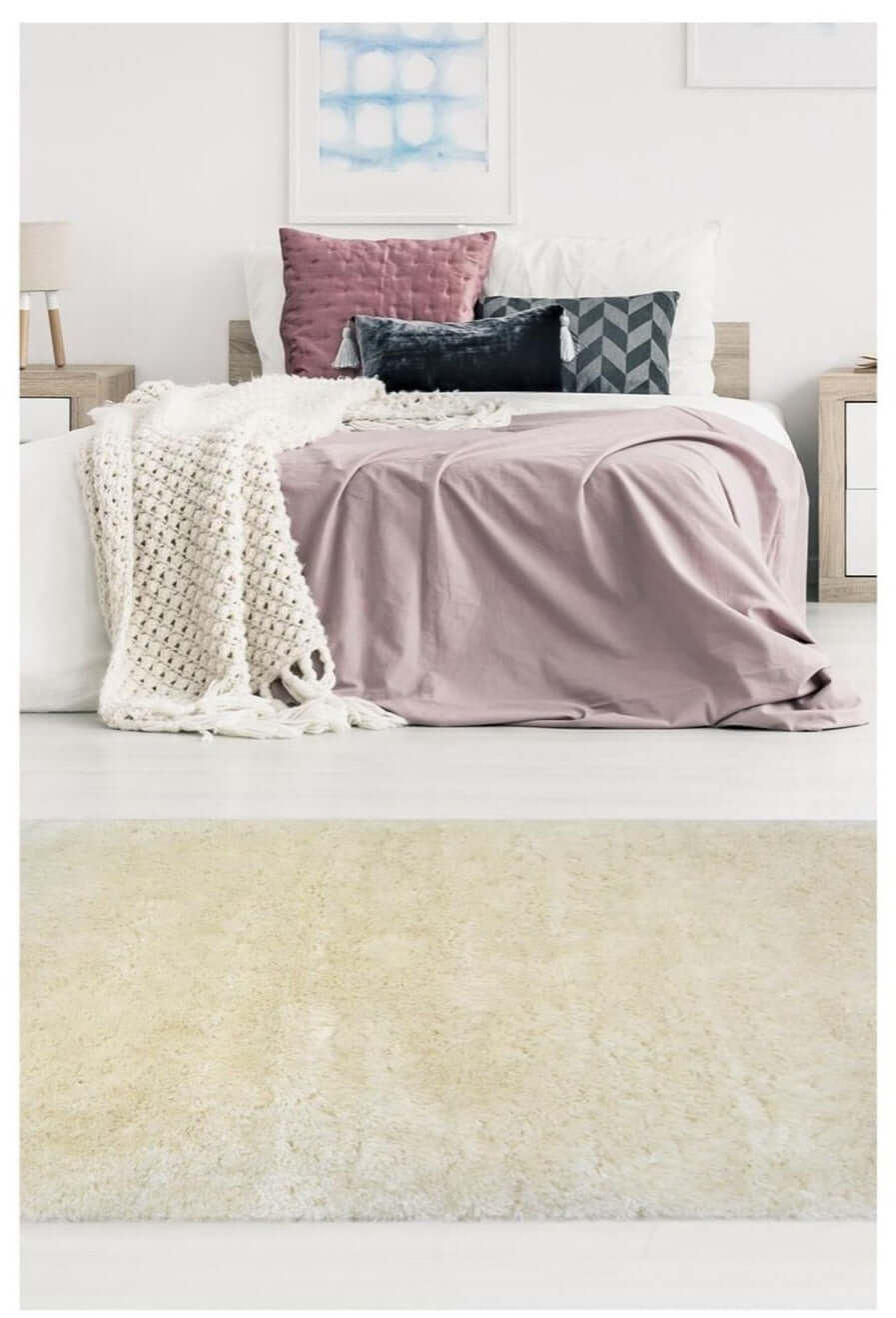 Soft washable ivory shaggy rug with cream-colored plush and a soft textured surface perfect for cozy spaces