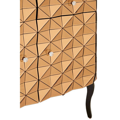 Soho copper finish cabinet with gold-toned geometric pattern and white button accents as a stylish copper finish cabinet