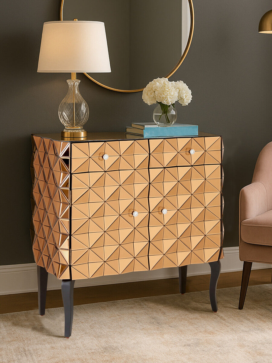 Soho copper finish cabinet with gold-toned geometric mirrored copper finish console table and dark legs