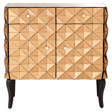 Soho copper finish cabinet with gold-toned geometric pattern and black curved legs copper finish cabinet