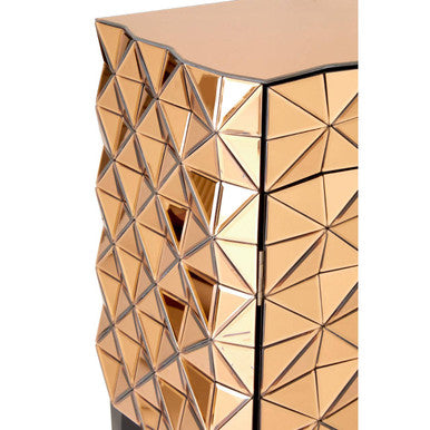 Soho copper finish cabinet featuring a rose gold mirrored geometric side table with a faceted triangular pattern and copper finish