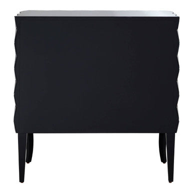 Black console table with sleek wavy edges and glossy finish paired with soho silver finish cabinet design