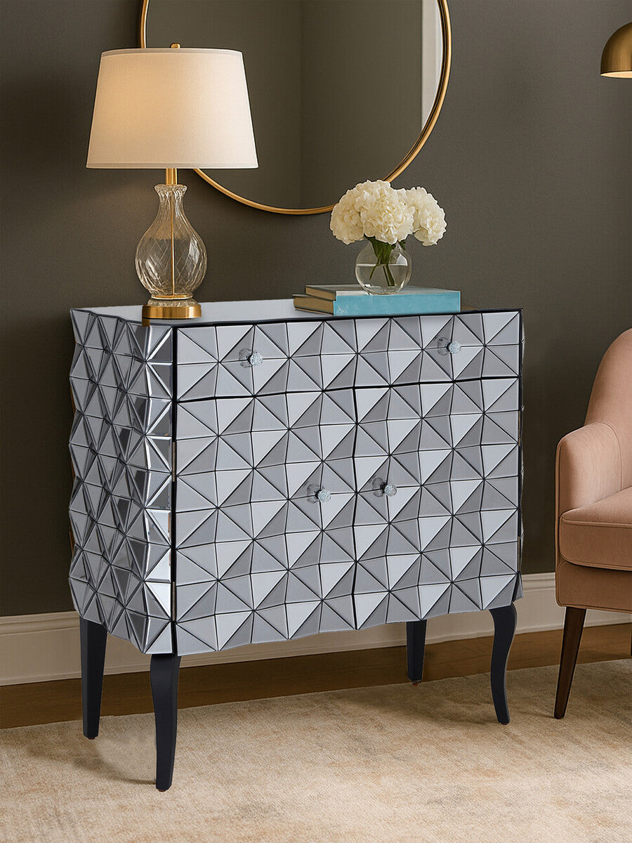 Soho silver finish cabinet with a silver finish mirrored geometric design and black legs sideboard finish cabinet