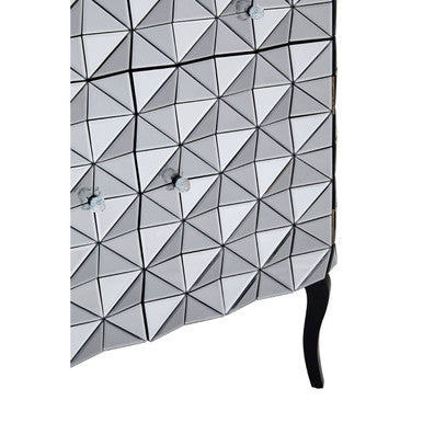 Soho silver finish cabinet with silver geometric-patterned finish cabinet and black curved legs
