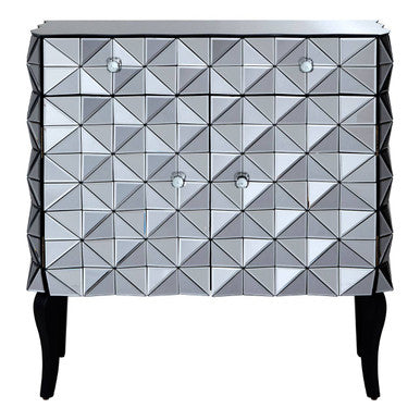 Silver finish cabinet with geometric patterned mirrored drawers and black legs perfect for stylish storage