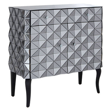 Soho silver finish cabinet with silver geometric mirrored drawers and black legs silver finish cabinet
