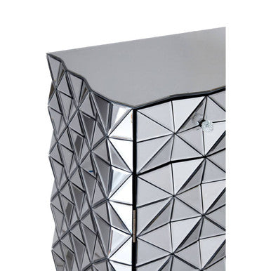 Soho silver finish cabinet with a silver finish cabinet featuring a geometric mirrored angular faceted design