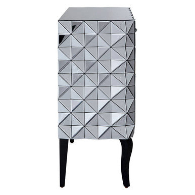 Soho silver finish cabinet with silver finish geometric mirrored doors and black curved legs for stylish storage