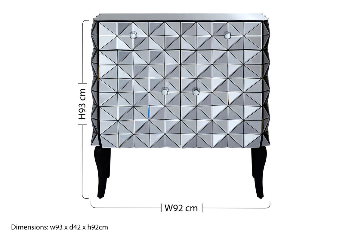 Soho silver finish cabinet with geometric silver finish and black legs perfect as a stylish finish cabinet piece