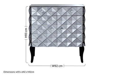 Soho silver finish cabinet with geometric silver finish and black legs perfect as a stylish finish cabinet piece