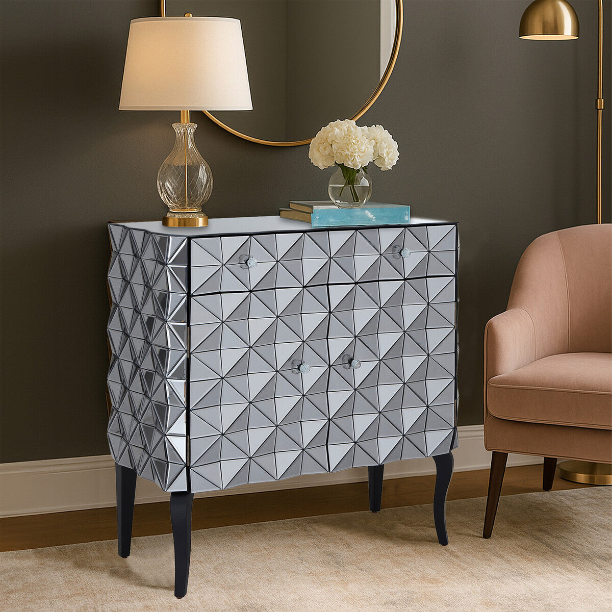 Soho silver finish cabinet with silver finish geometric mirrored chest and sleek black legs for stylish storage