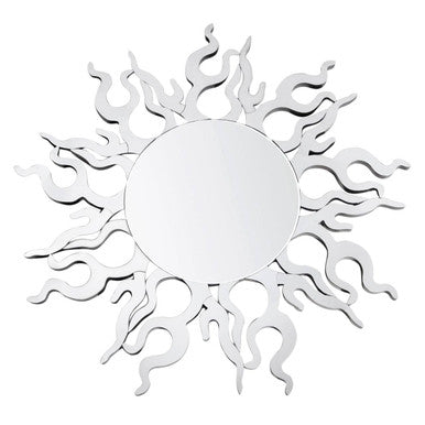 Silver sol wall mirror with sunburst flame-like rays and a circular reflective surface perfect as a wall mirror
