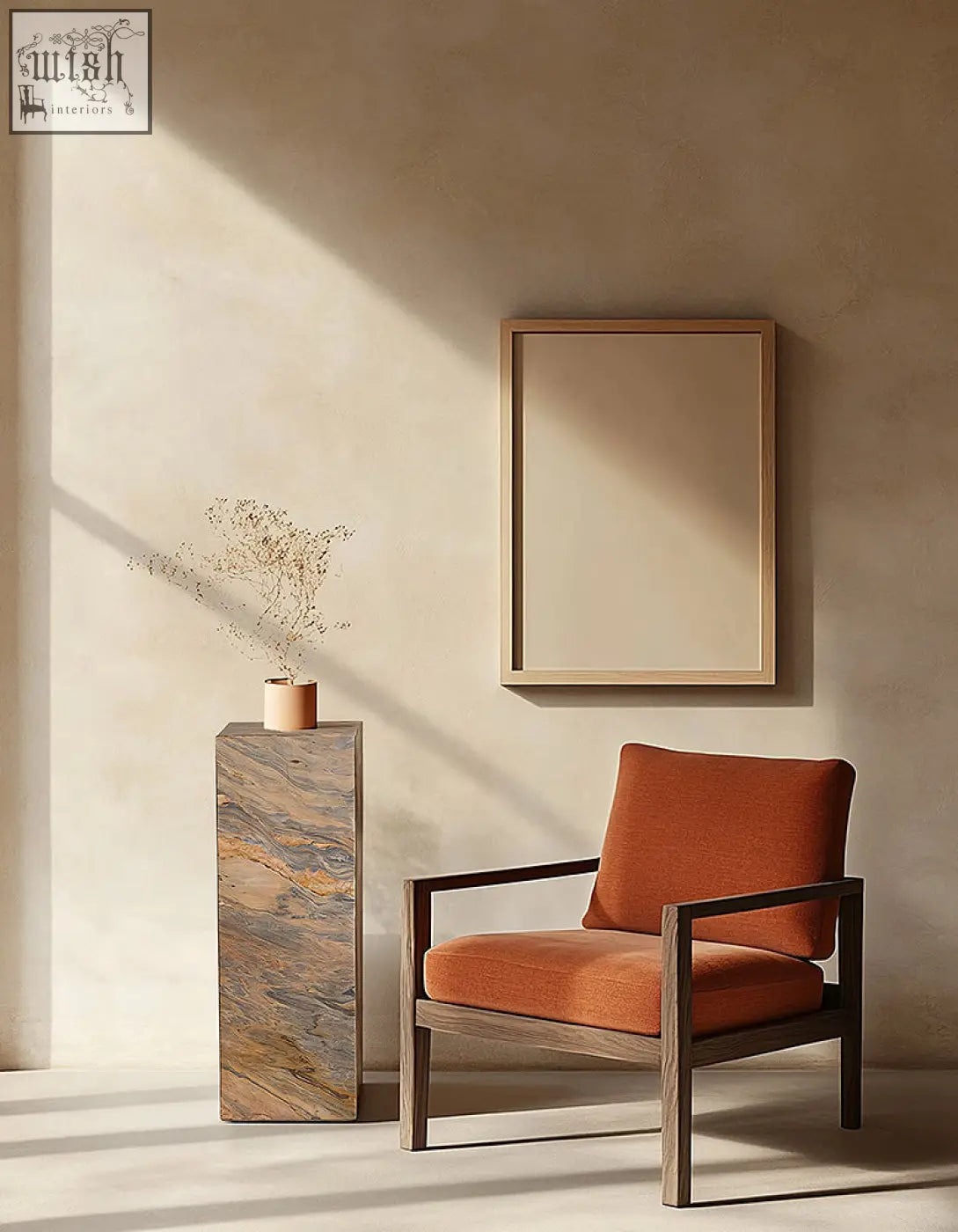 Orange upholstered armchair with dark wood frame next to solara plinth side table with brazilian quartzite stone top