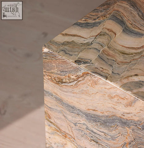 Solara plinth side table with polished brazilian quartzite stone countertop featuring beige brown and gray swirls