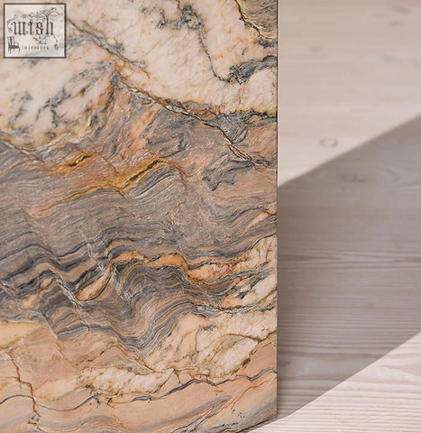 Polished solara plinth side table slab in brazilian quartzite stone with beige gray and amber veined marble patterns