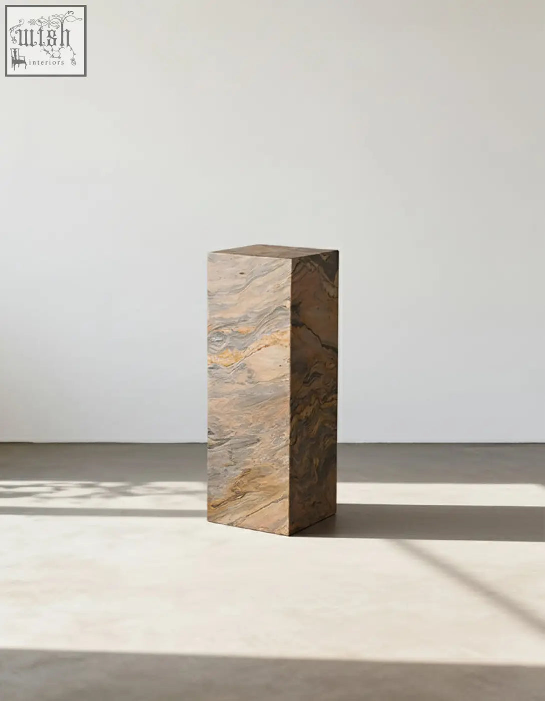 Solara plinth side table made of polished brazilian quartzite stone with natural brown and beige marble pattern