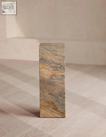 Solara plinth side table made of beige brown gray swirling brazilian quartzite stone marble pedestal design