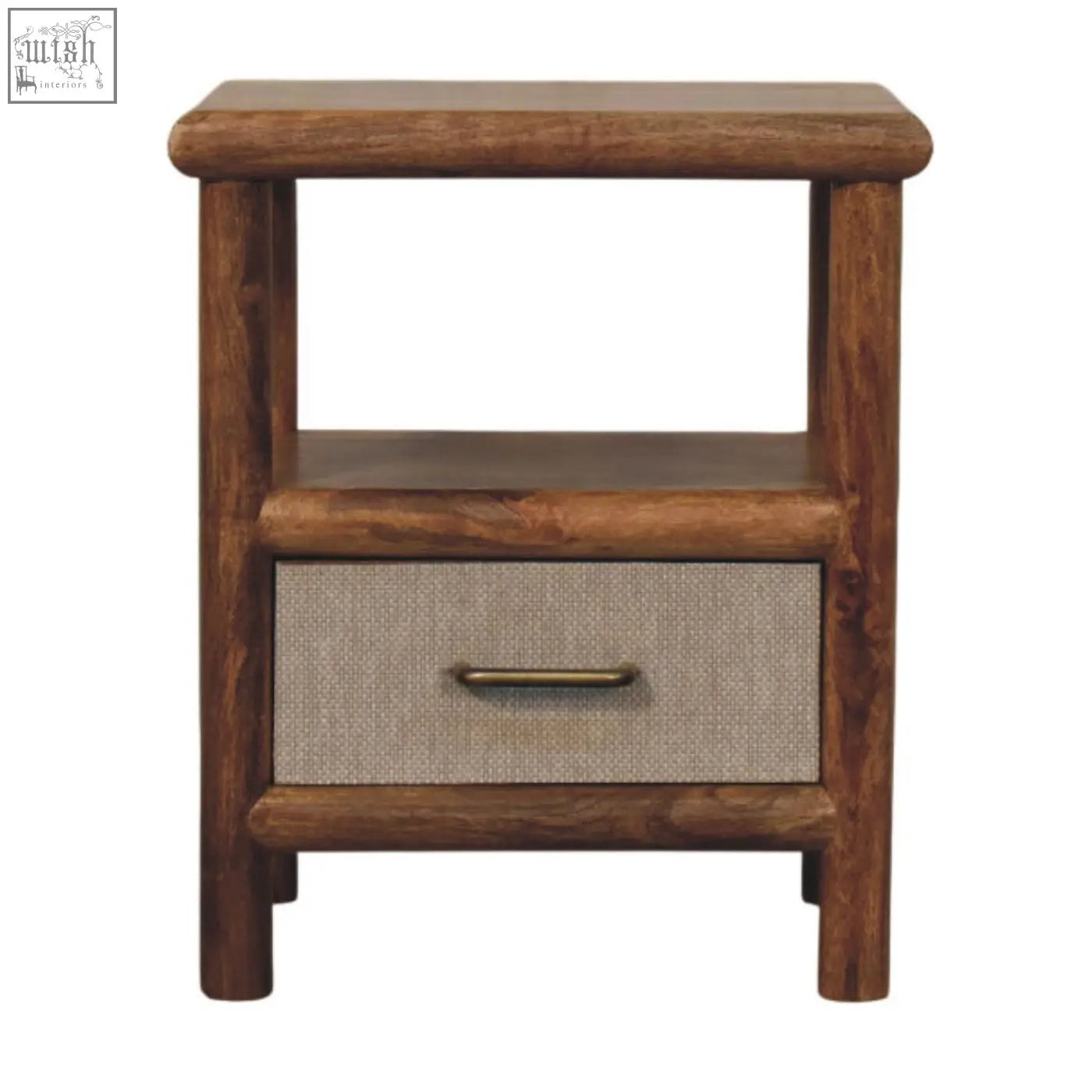 Rustic brown wooden solara rattan bedside table with a textured beige fabric drawer front and brass handle