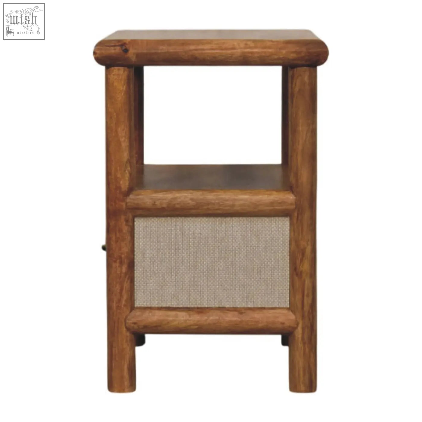 Rustic solara rattan bedside table with natural wood finish, beige fabric panel, and a lower shelf for storage