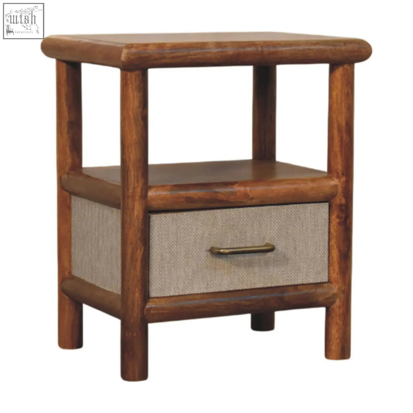 Rustic solara rattan bedside table with textured beige fabric drawer front and dark brown rounded wooden legs