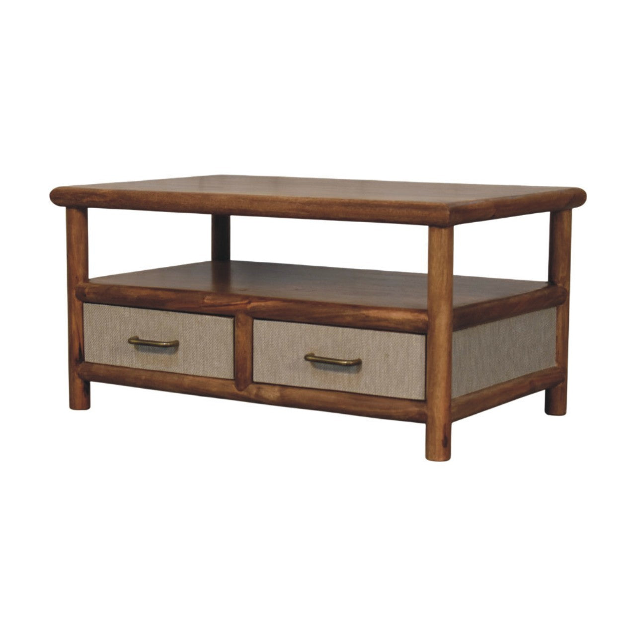 Solara rattan coffee table with brown wood top and two light gray fabric drawer fronts with brass handles