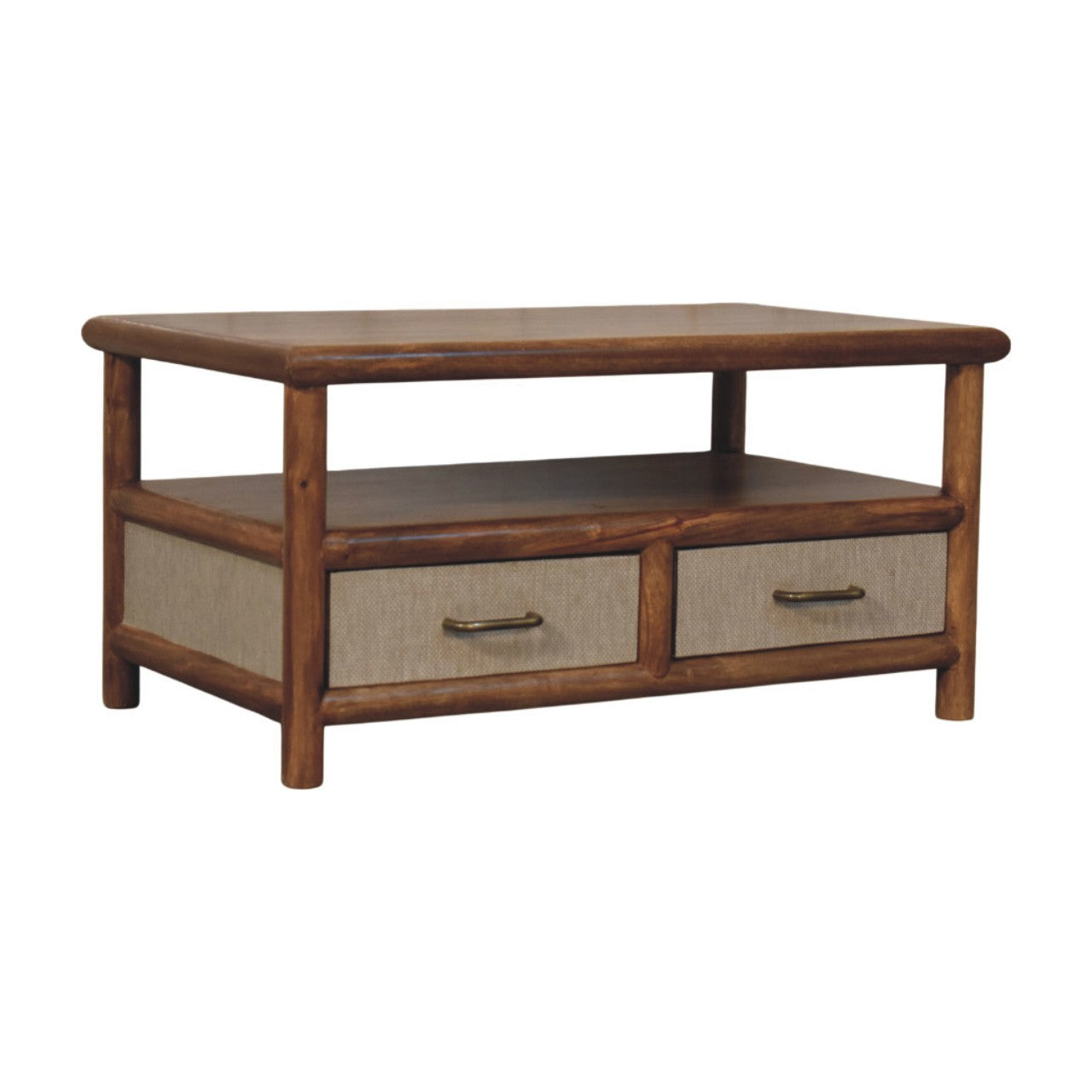 Brown wooden solara rattan coffee table with two beige fabric drawer fronts and brass handles for storage