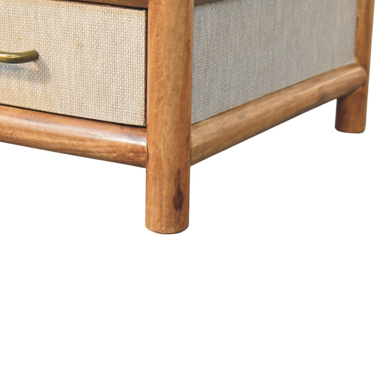 Light brown wooden solara coffee table with beige fabric drawer front and rounded legs for stylish storage