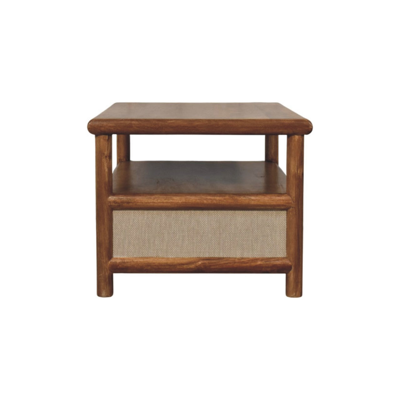 Minimalist wooden solara rattan coffee table with warm brown finish and beige woven fabric panel on front and lower shelf