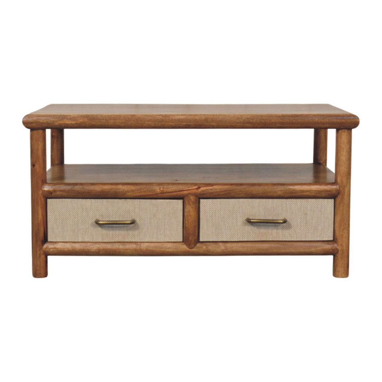 Rustic solara rattan coffee table with natural wood finish, two beige fabric lined drawers, and brass handles