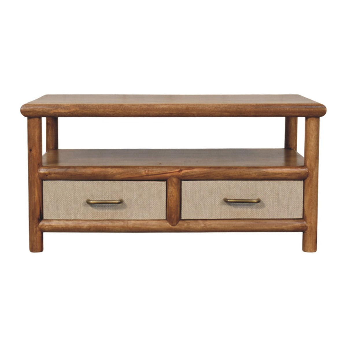 Rustic solara rattan coffee table with natural wood finish, two beige fabric lined drawers, and brass handles