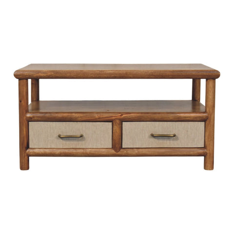 Rustic solara rattan coffee table with natural wood finish, two beige fabric lined drawers, and brass handles