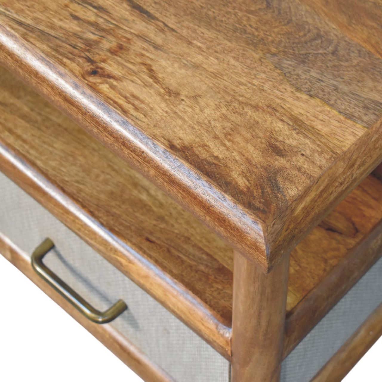 A rustic wooden nightstand with warm natural finish and brass handle complementing solara rattan coffee table style