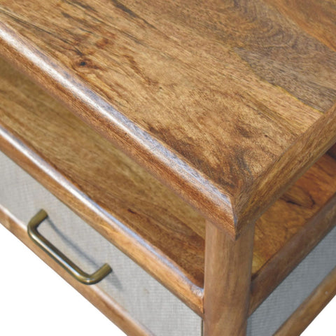 A rustic wooden nightstand with warm natural finish and brass handle complementing solara rattan coffee table style