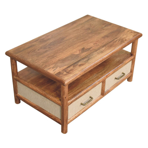Rustic solara rattan coffee table with two drawers beige fabric interiors natural wood grain finish and lower shelf