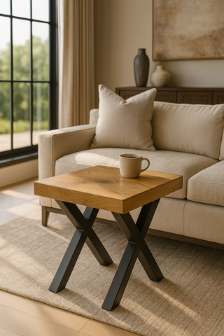 Rustic solid oak chunky side table with natural finish and black x shaped metal legs perfect for oak chunky coffee use