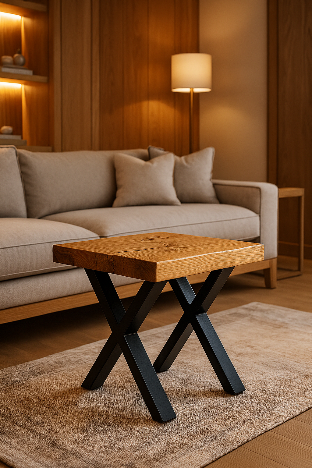 Solid oak chunky coffee table with natural wood top and black x-shaped metal legs perfect as side table