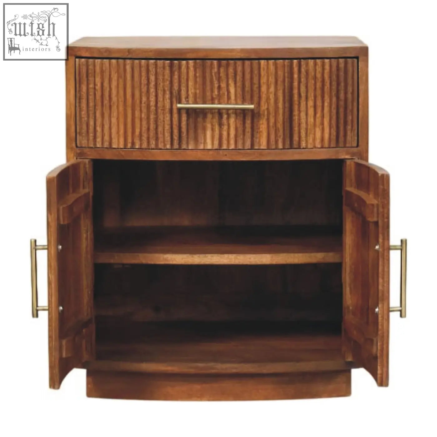 Brown solid wood curved ribbed bedside with drawer and two open doors featuring brass handles in oak mango wood