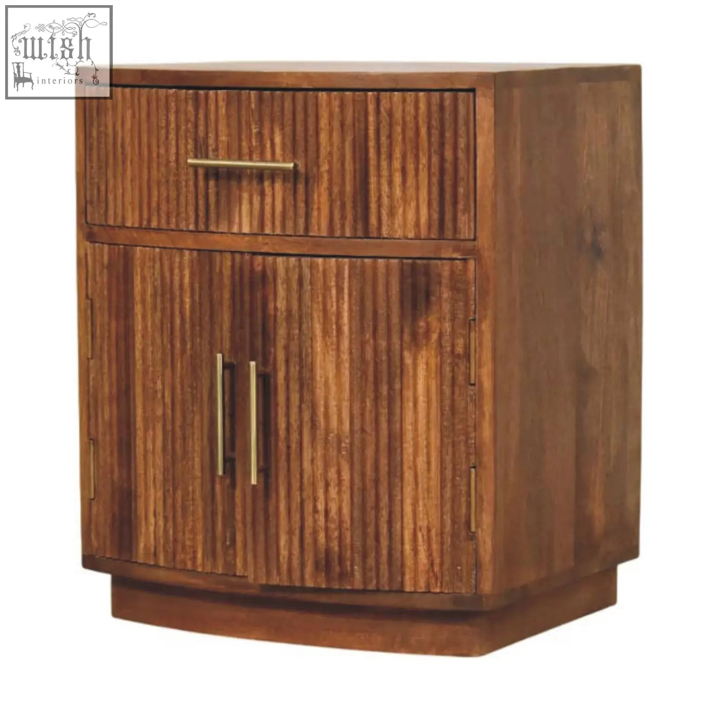 Solid wood curved bedside with vertical slat detailing and brass handles in oak solid mango wood finish