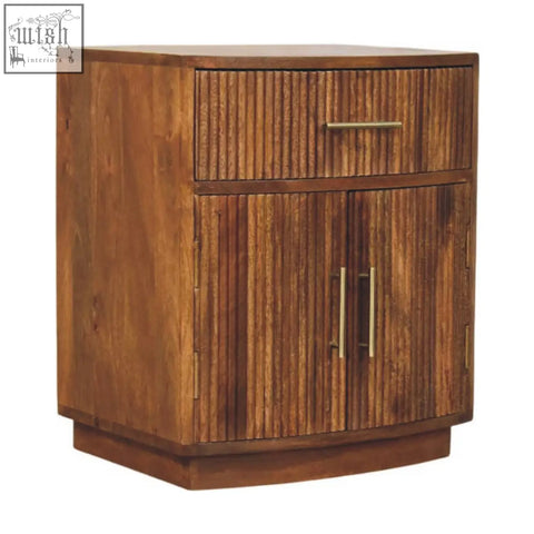 Solid wood curved warm brown nightstand with vertical slat wood curved ribbed design and brass handles oak mango wood