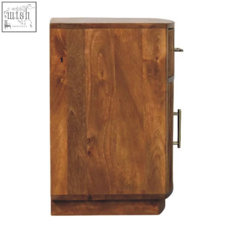 Warm-toned solid wood curved ribbed bedside with two drawers in oak solid mango wood and sleek metallic handles