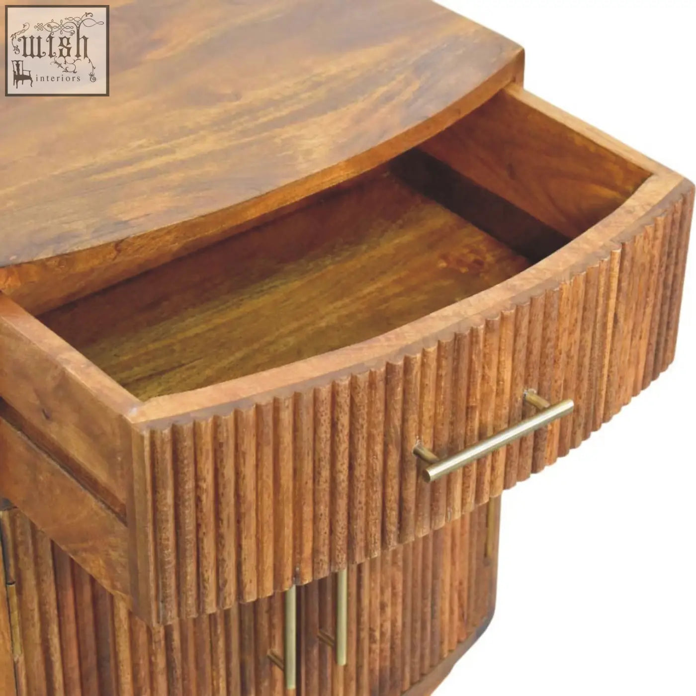Solid wood curved bedside with ribbed texture and brass handles in oak solid mango wood finish