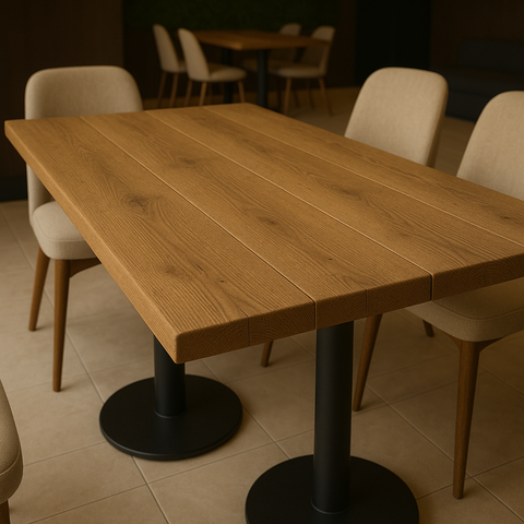 A sleek light brown solid wood dining table with black metal pole legs perfect for cafes and restaurants bulk order