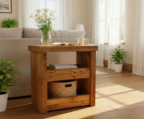Solid wood rustic coffee table in light brown with two drawers and an open shelf for storage and style