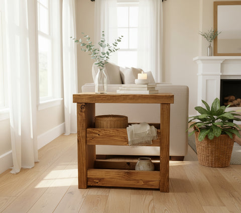 Rustic wooden coffee table with three open shelves in natural finish perfect for solid wood rustic decor
