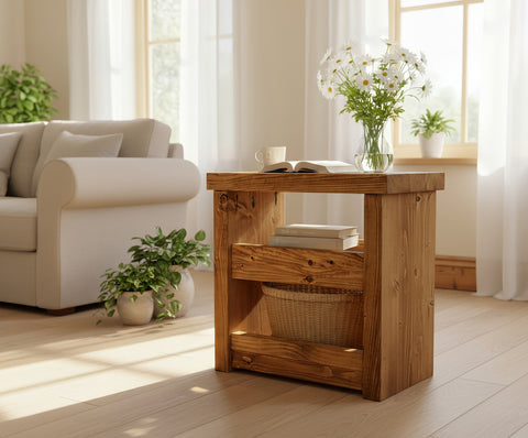 Solid wood rustic coffee table with a natural finish and open shelf holding books and a woven basket beneath