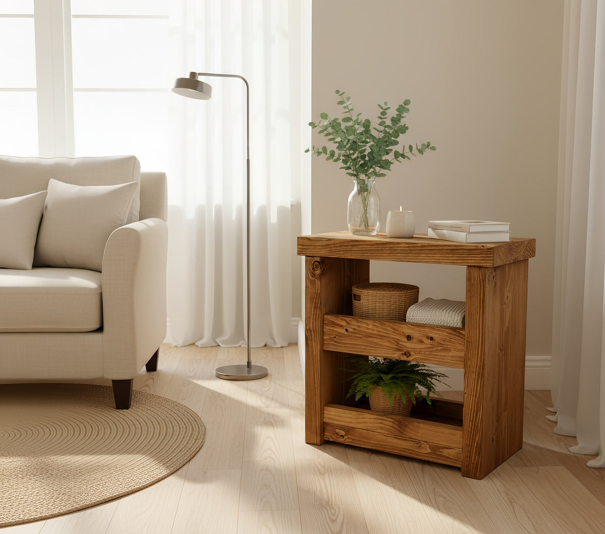 Solid wood rustic coffee table with natural finish and two open shelves for storage and display